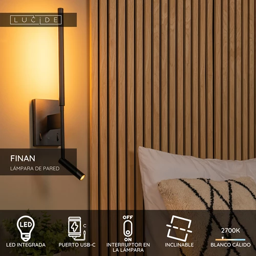 Lucide FINAN - Lámpara de pared - LED - 2700K - Con punto de carga USB - Negro - USP
